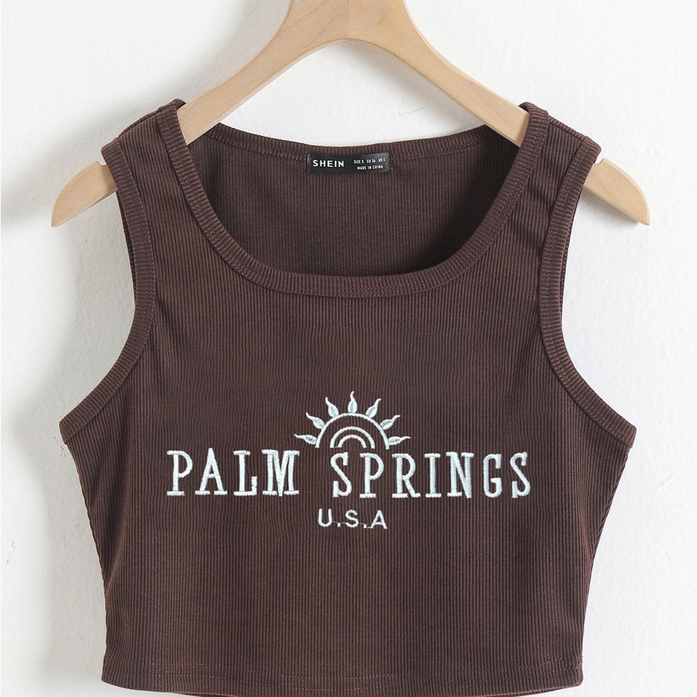 SHEIN Brown Sleeveless Crop Tank Top Palm Springs Graphic